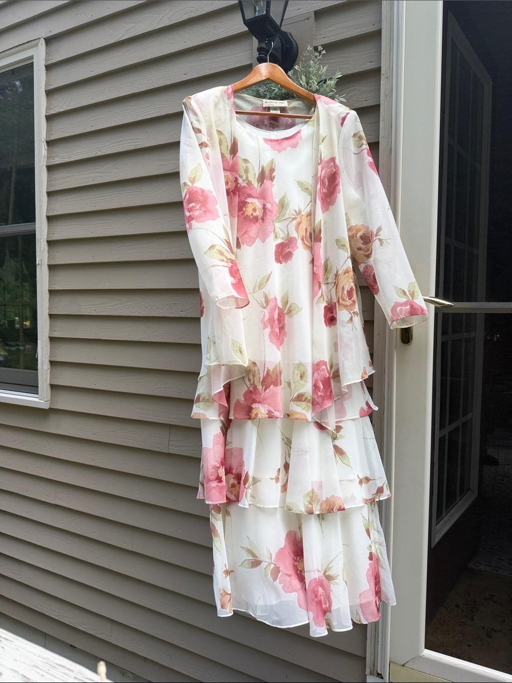 Floral Tiered Chiffon Layered Women’s Dress and weighted matching jacket in Pink